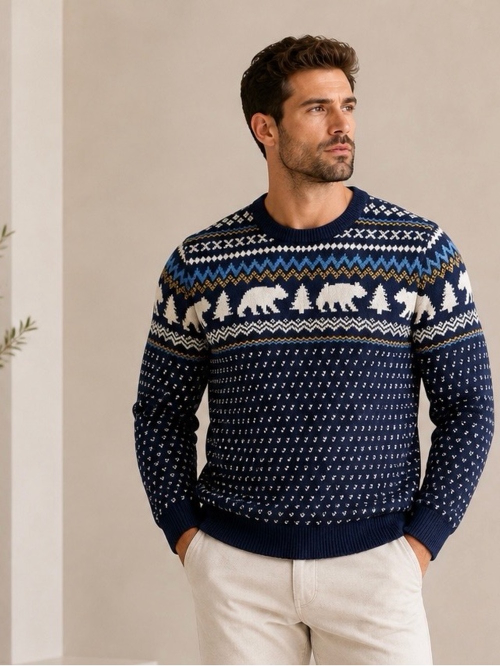 J. Crew Navy Fair Isle Bear Motif Crewneck Sweater nwt